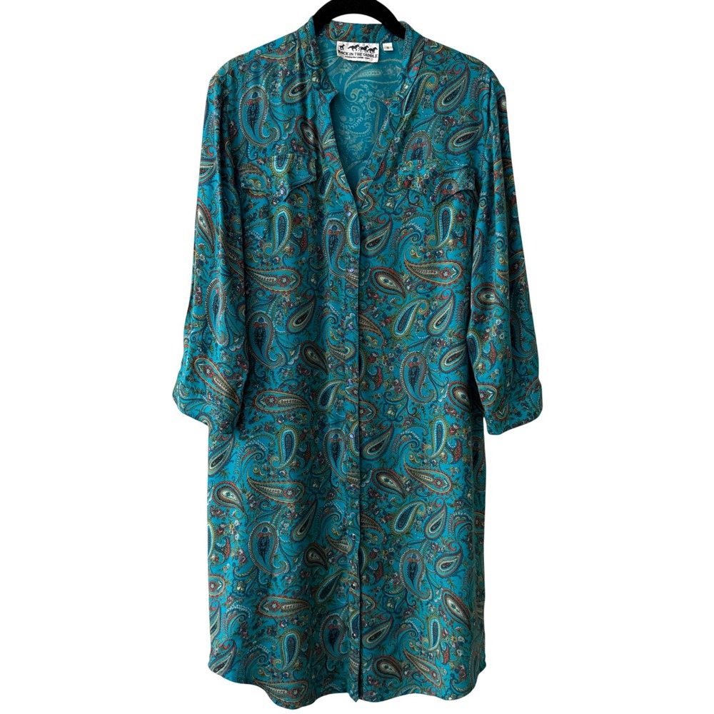 Back in the Saddle Women Paisley Button Front Shirt Dress S Boho Teal 3/4 Sleeve